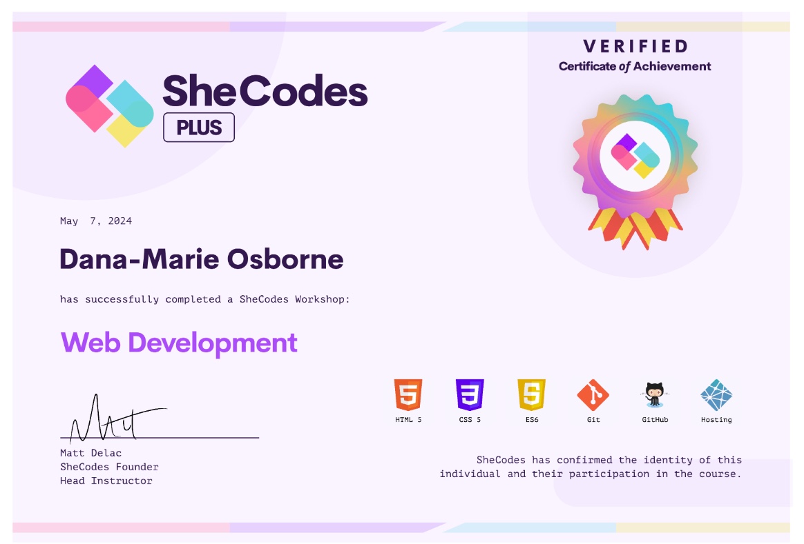 SheCodes Plus Certificate