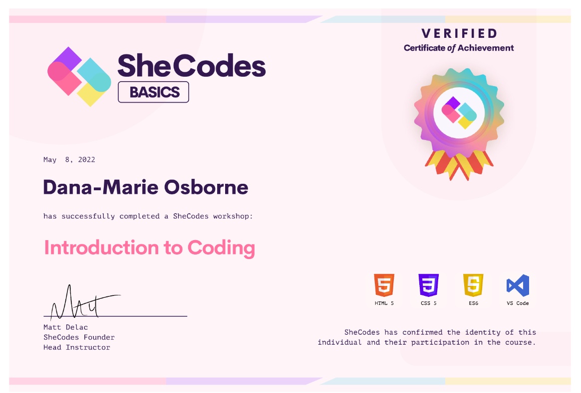 SheCodes Basic Certificate